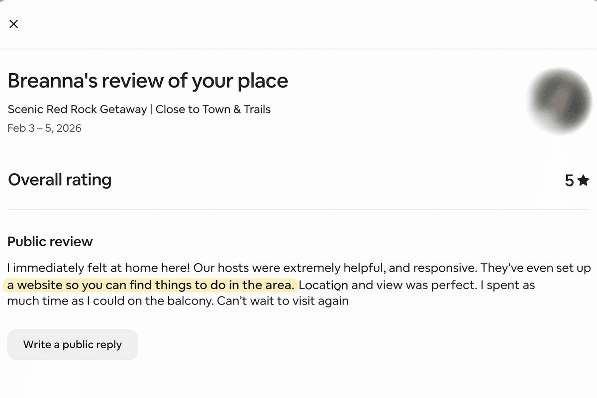 5-star Airbnb review from guest Breanna