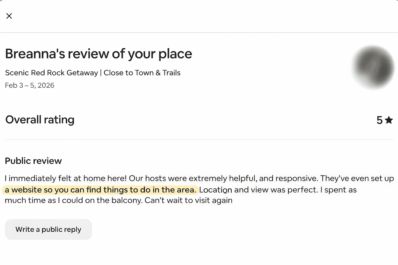 5-star Airbnb review from guest Breanna