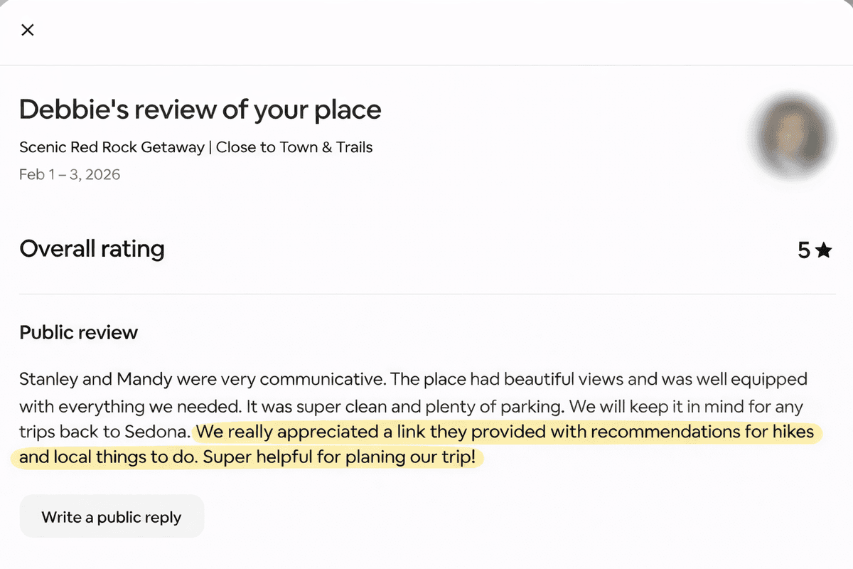 5-star Airbnb review from guest Debbie