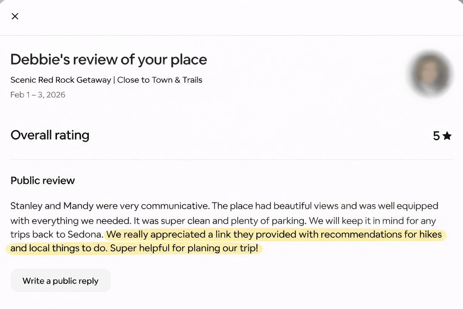 5-star Airbnb review from guest Debbie